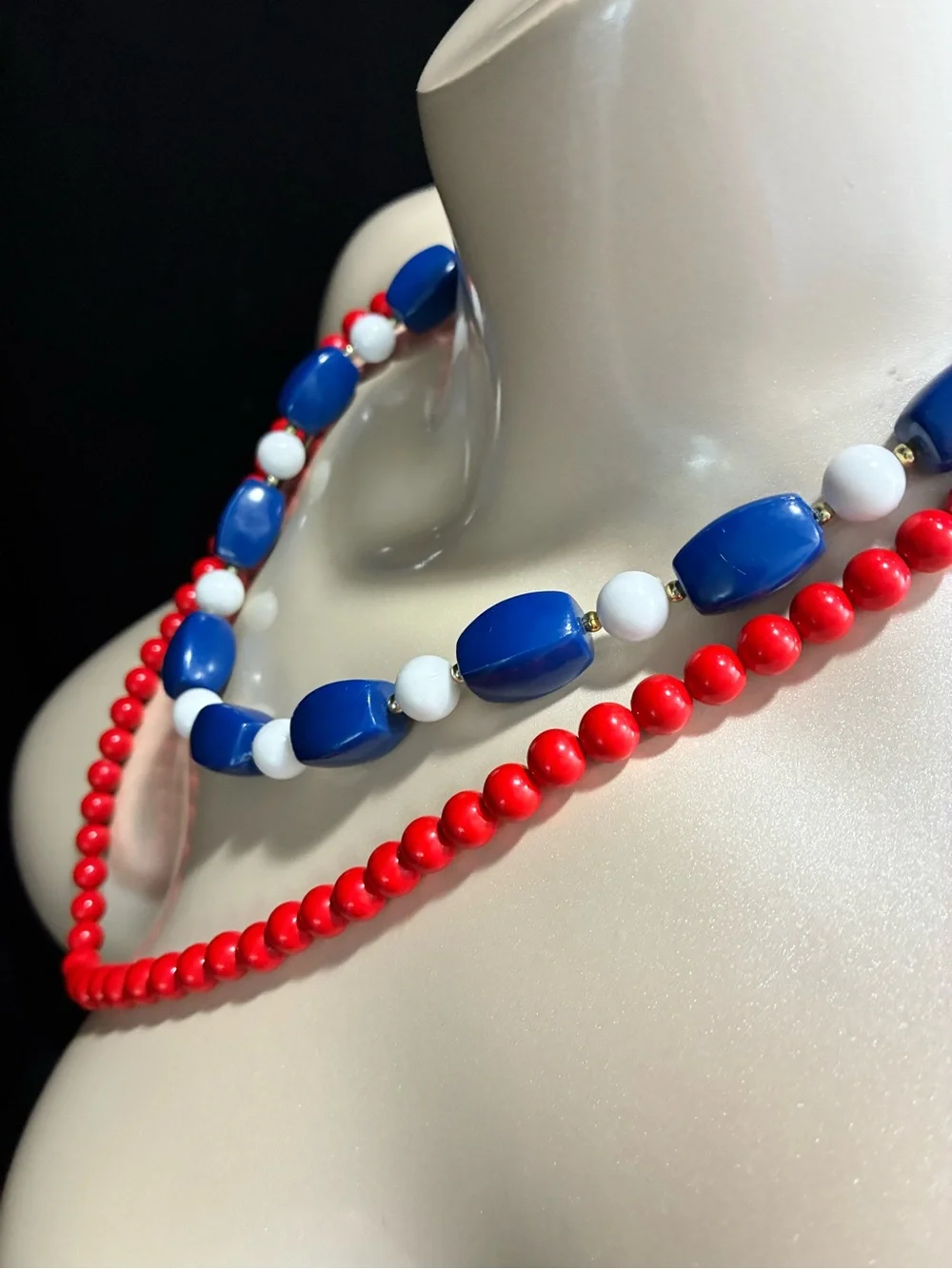 Patriotic Two-Strand Red, Blue & White Beaded VTG Retro Necklace’s Memorial Day
